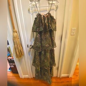 VTG 1970’s Floral Tiered Maxi Dress w/ Spaghetti Straps & Pink Bow Summer Gown